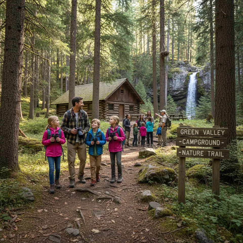 A family exploring an off-the-beaten-path destination: hiking on a forested trail toward a rustic cabin or campground in a scenic small-town countryside, with ranger-led nature programs in the background
