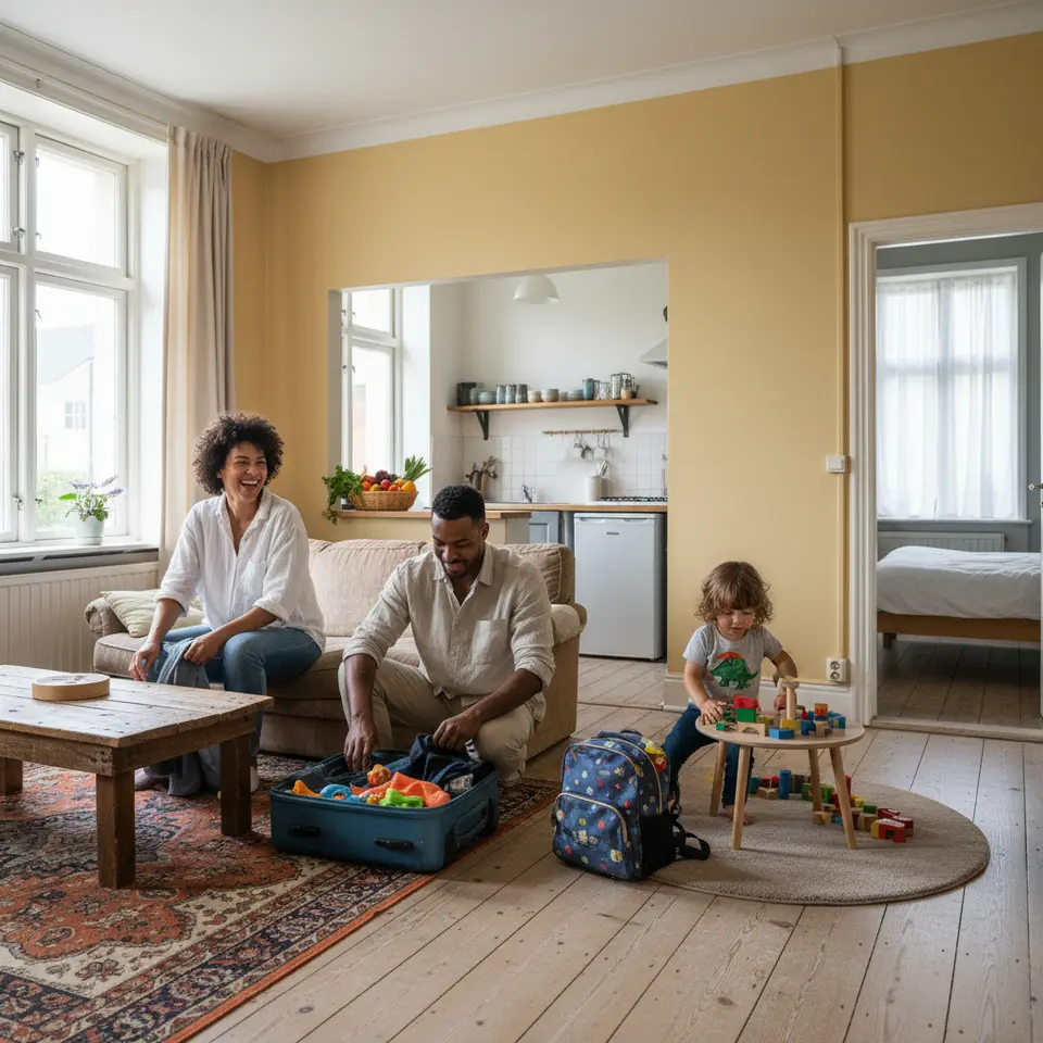 A cozy, budget-friendly vacation rental interior: a family unpacking in a bright living room with separate bedrooms, a kitchenette stocked for home-cooked meals, and children’s play area—showcasing alternative lodging options like Airbnb or home exchanges